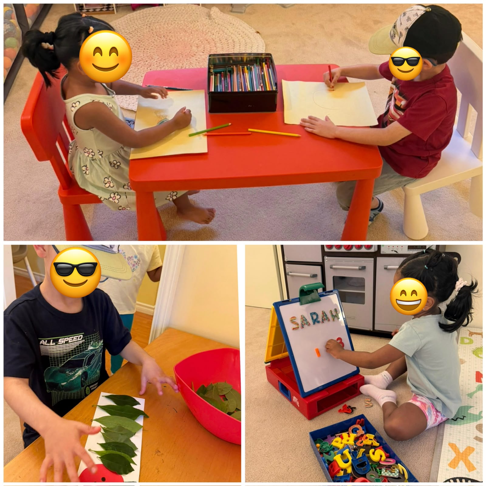 Preschool children drawing, exploring leaves, and practicing letters at daycare