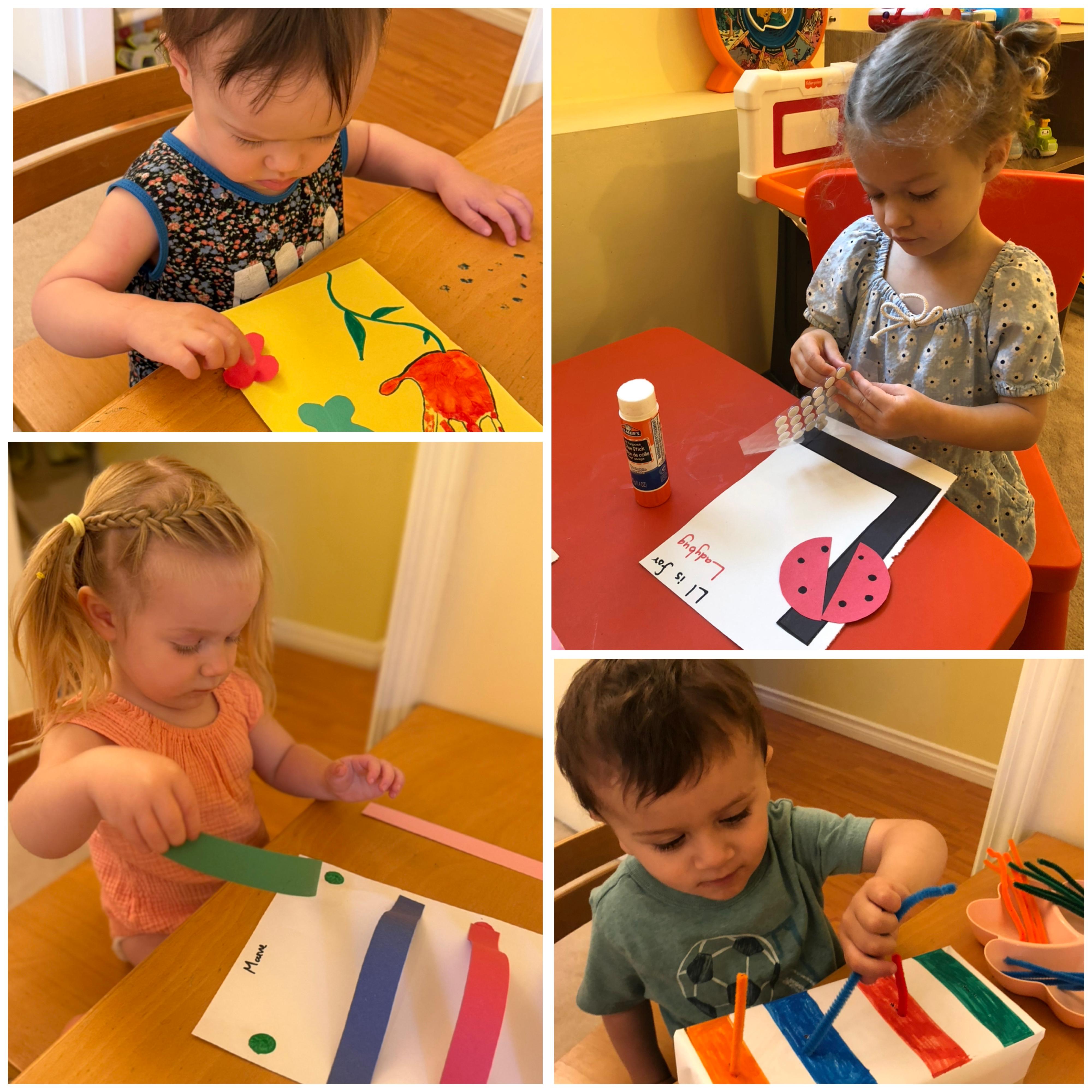 Infants and toddlers working on colorful craft activities
