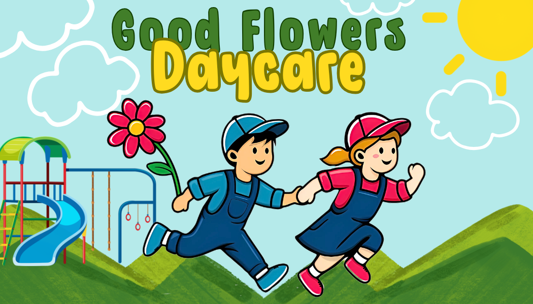 Good Flowers Daycare playground illustration with children running